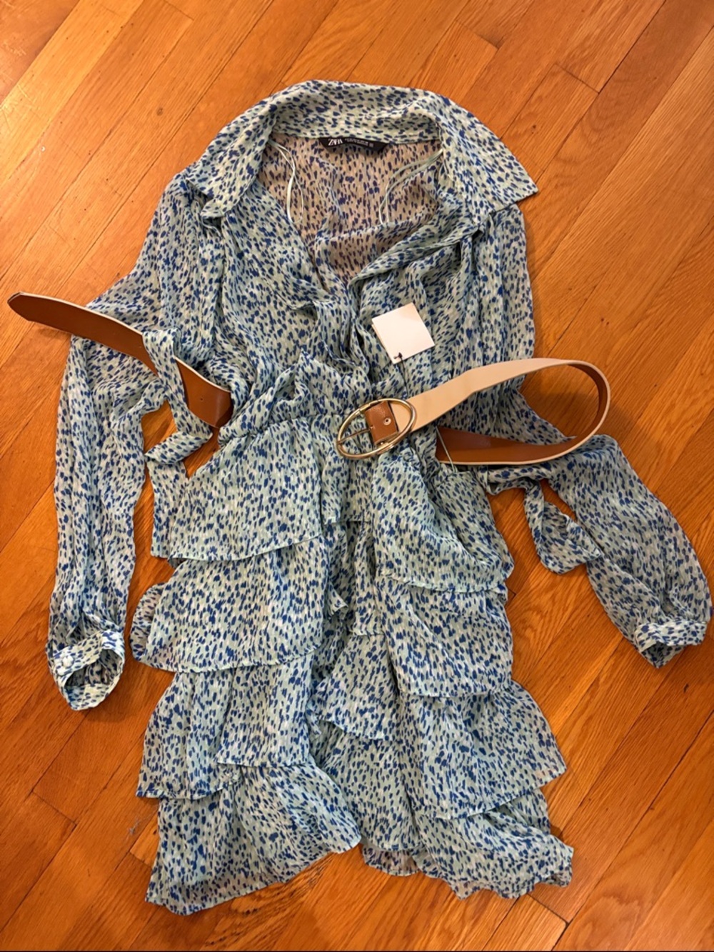 Zara Blue and White Speckled Ruffle Shirt Dress